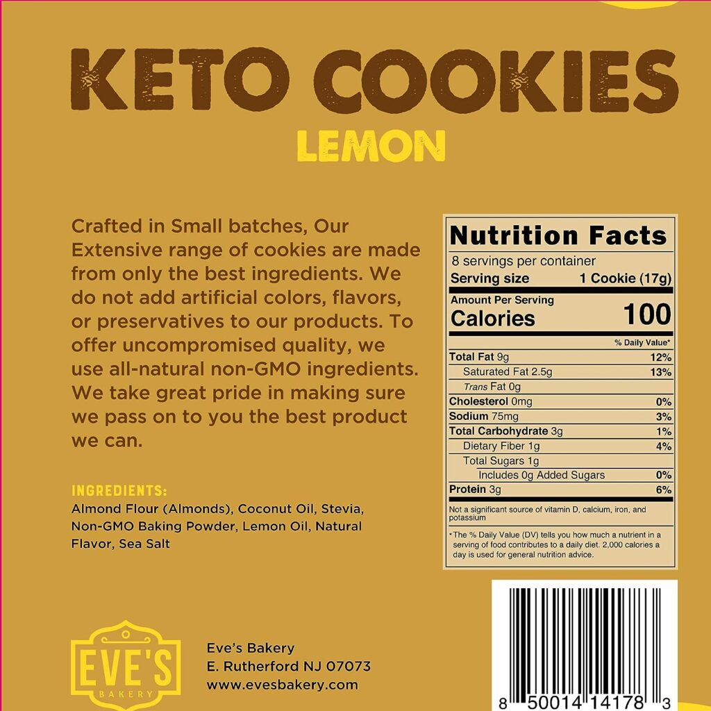 Eve’s Bakery 8 Individually Wrapped Keto Cookies - Low Carb, No Sugar Vegan Treats for a Healthy Diet Diabetic Snack Food - Lemon