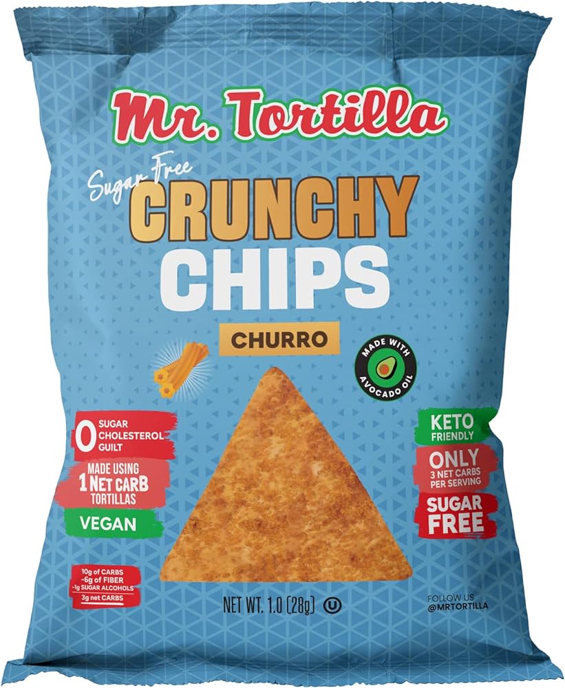 Mr. Tortillas Crunchy Chips - Churro Flavored Snack Dessert Chips - 3 Net Carbs, Crisps Cooked In Avocado Oil - Vegan, Kosher, Keto-Friendly, No Sugar Added Healthy Chips (1 Oz Bag)