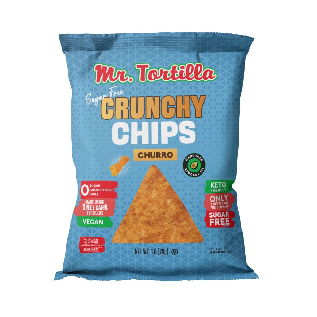 Mr. Tortillas Crunchy Chips - Churro Flavored Snack Dessert Chips - 3 Net Carbs, Crisps Cooked In Avocado Oil - Vegan, Kosher, Keto-Friendly, No Sugar Added Healthy Chips (1 Oz Bag)