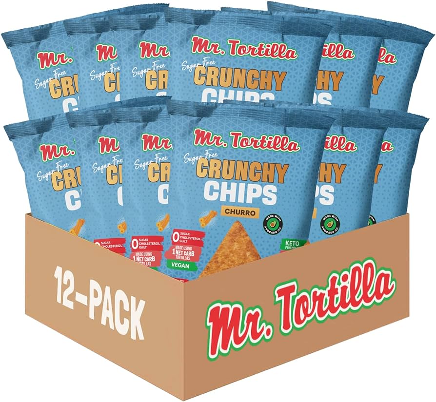 Mr. Tortillas Crunchy Chips - Churro Flavored Snack Dessert Chips - 3 Net Carbs, Crisps Cooked In Avocado Oil - Vegan, Kosher, Keto-Friendly, No Sugar Added Healthy Chips (1 Oz Bag)