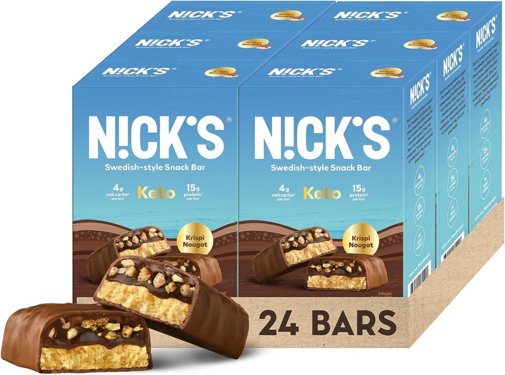 Nicks Protein Bars Crispy Nougat | 15g protein | 160 calories | Low Carb Keto Friendly Snacks No Added Sugar (Multipack 24 bars x 50g)