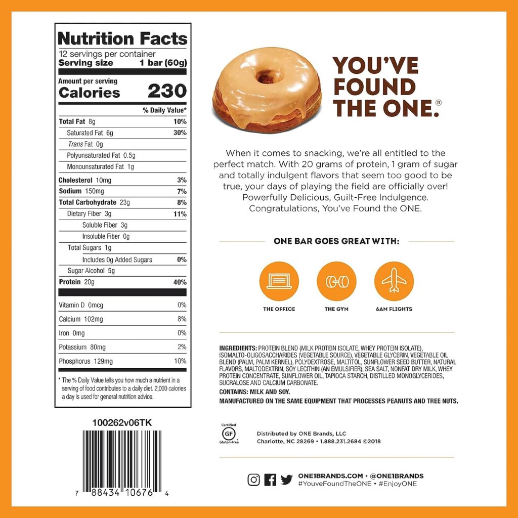 ONE Protein Bars, Maple Glazed Doughnut, Gluten-Free Protein Bar with 20g Protein and only 1g Sugar, Snacking for High Protein Diets, 2.12 Ounce (12 Pack)