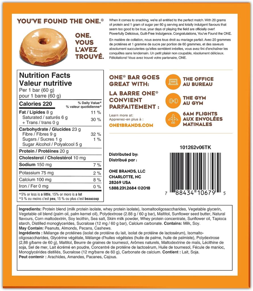 ONE Protein Bars, Maple Glazed Doughnut, Gluten-Free Protein Bar with 20g Protein and only 1g Sugar, Snacking for High Protein Diets, 2.12 Ounce (12 Pack)