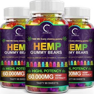 GPGP Greenpeople (3 Pack) Hemp Gummies 60,000mg Extra Strength, 100% Natural Hemp Oil Infused Bear Gummy, Promotes Focus Calm, Sleep and Calm Mood