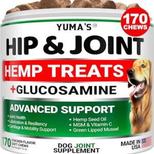 YUMA'S Hemp Hip and Joint Supplement for Dogs - Glucosamine for Dogs - 170 Dog Joint Pain Relief Chews - Chondroitin, MSM - Hemp Oil - Advanced Dog Joint Supplement Health - Mobility Support Treats